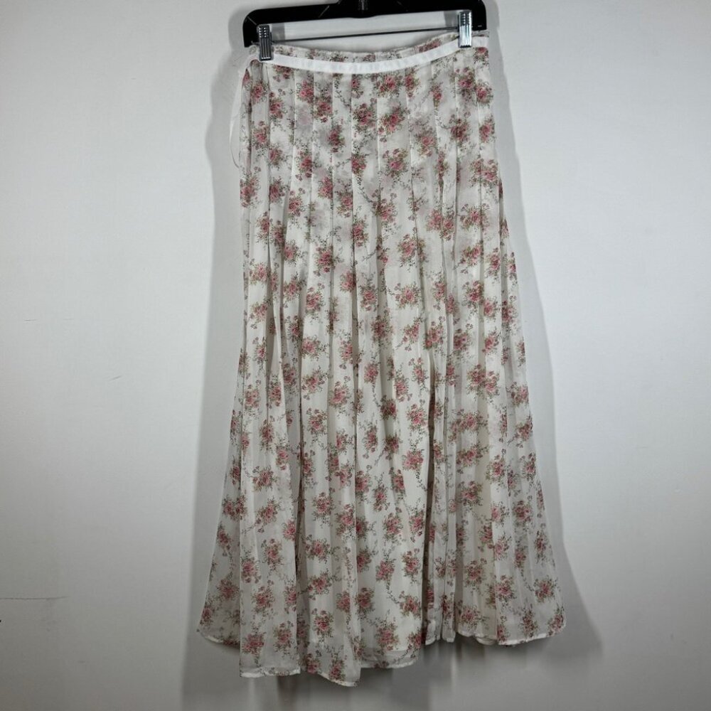 Frime White Floral Pleated Midi Skirt Size L Romantic Cottagecore Flowy Vintage - Picture 5 of 13